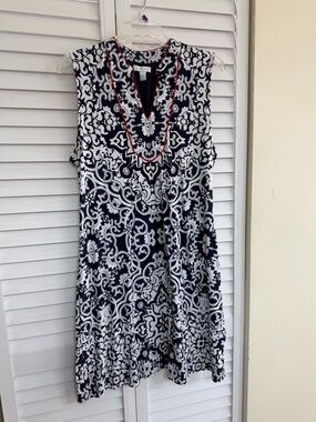 Charter Club Navy and White Printed Dress with Red Piping